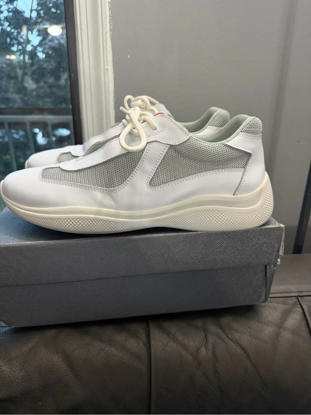 Prada White and Light Gray Low-Top Mesh & Leather Sneakers